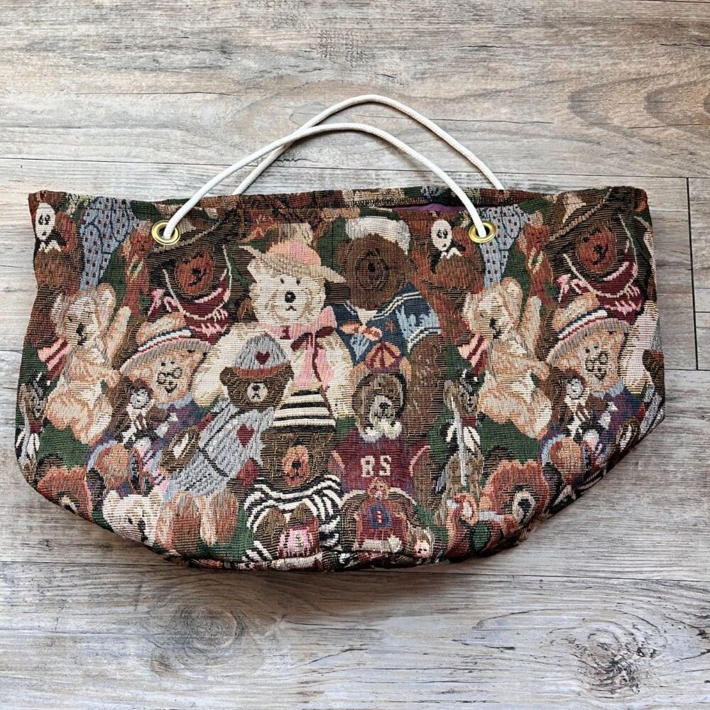 Vintage Teddy Bear Tapestry Tote Bag Cottagecore Ralph Lauren Style Cute 80s